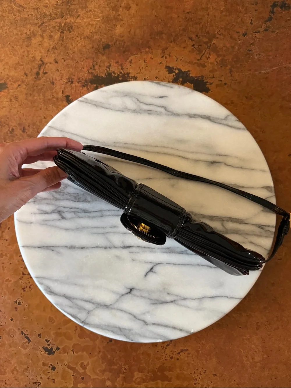 Vintage Gucci Black Patent Leather Clutch with Gold Crest